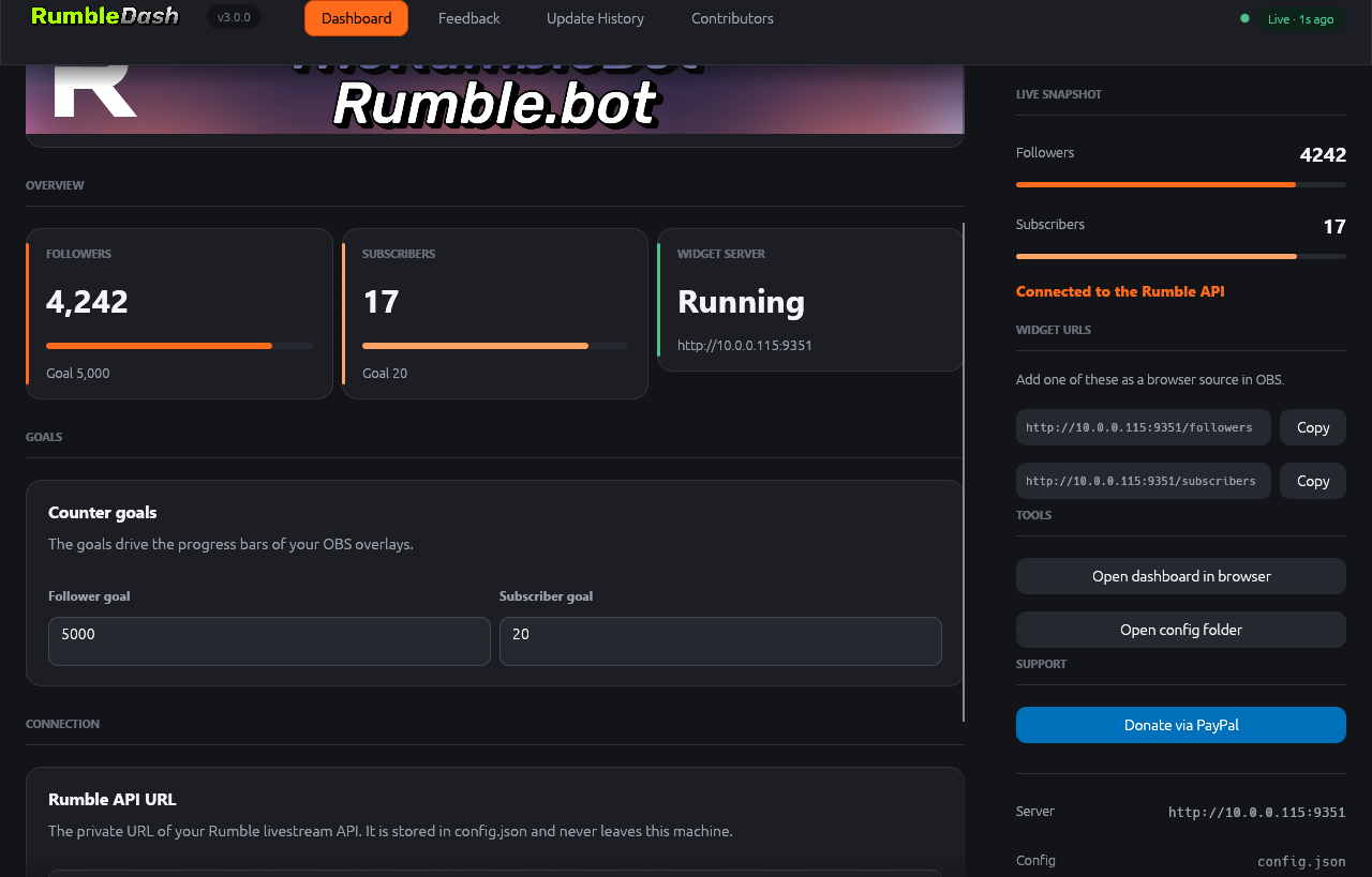 The RumbleDash v3 desktop app: a live follower and subscriber snapshot with goal progress bars and copyable widget URLs